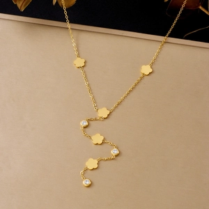 Elegant Y-Shaped Tassel Necklace Gold Plated Stainless Steel Five-Petal Flower Pendant With Zircon Inlays For Women
