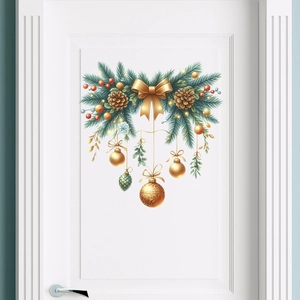 Christmas bow and ornaments door sticker with pine branches on a white wooden door