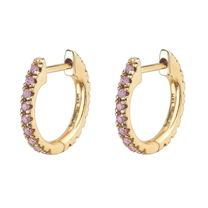 Close-up of 14K gold huggie earrings featuring a row of pink zircons with inner engraving