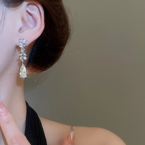Close-up of model wearing silver tassel earrings with wheat-shaped zircons and water drop pendant