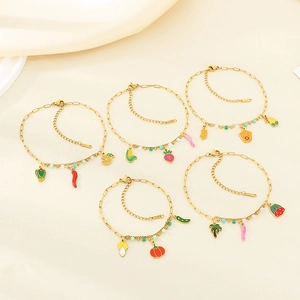 Ensemble de bracelets de cheville dorés à double couche avec breloques fruits et légumes colorés