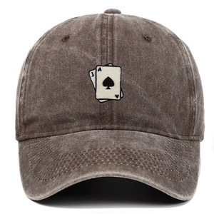 Detailed embroidery of A and J playing cards on a coffee brown washed cotton baseball cap