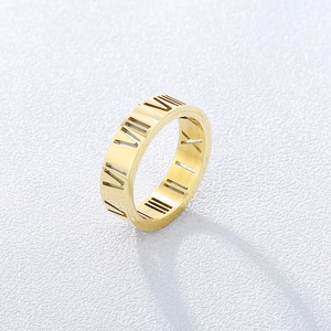 Macro detail of gold-plated titanium steel ring featuring hollow Roman numeral carvings