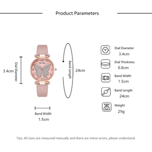 Detailed view of pink leather watch with glitter butterfly dial and size parameters