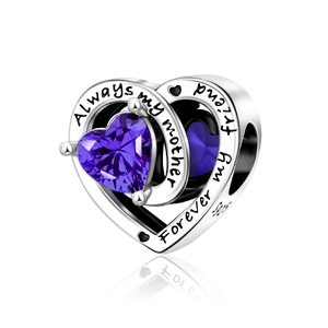 Detail of S925 silver heart charm with purple zircon and Always my mother engraving