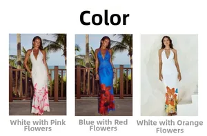 Detailed comparison of floral prints on the deep V-neck backless maxi dress designs