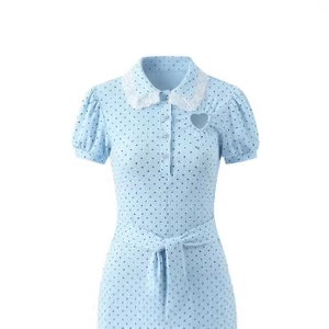 Light blue polka dot romper with lace collar, heart cut-out, and puff sleeves for women