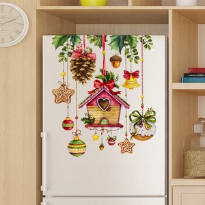 Christmas wall stickers with watercolor birdhouse and gingerbread man on a white fridge