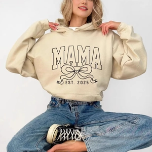 Beige Mama Est 2025 hoodie with black bow graphic for Mother's Day, soft cotton material