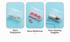 Portable clear storage box showing versatile uses for earphones, medicine, and sewing kit
