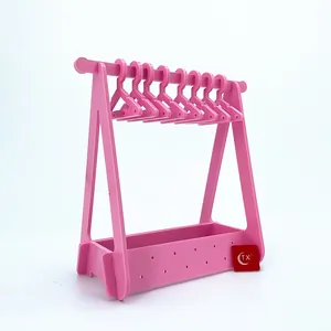 Pink acrylic mini clothes hanger earring rack with base organizer for desk storage