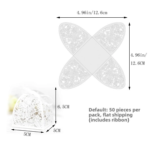 Laser-cut white wedding favor box with rose patterns and 5x5x6.5cm dimension details