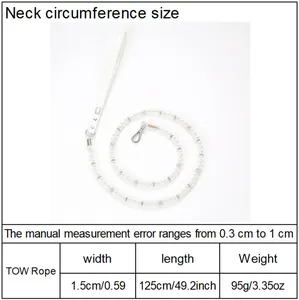 Size chart for pet tow rope showing 125cm length and 1.5cm width with weight details