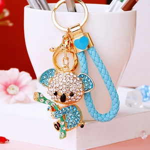 Funkelnder Koala Schlüsselanhänger mit Strass, blauem Band und goldener Metallring