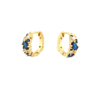 Gold hoop earrings with blue oval gems and clear zircons featuring S925 silver hallmark