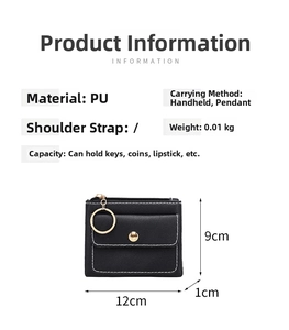 Detailed view of black PU leather small coin pouch with zipper and dimensions 12x9x1cm