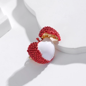 Exquisite lychee fruit brooch pin with realistic red texture and gold metal accents