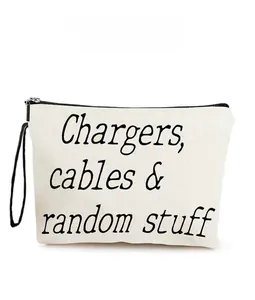 Detail of off-white canvas storage pouch with Chargers cables random stuff print