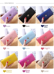 Detailed multi-color display of quilted PU leather wallets with golden crown buckles