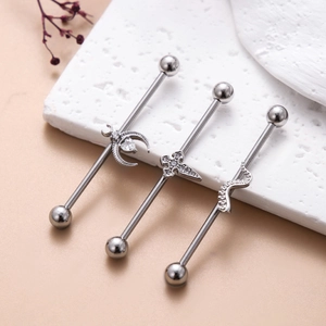 Industrial barbells in stainless steel with moon and cross zircon pendants for ear piercing