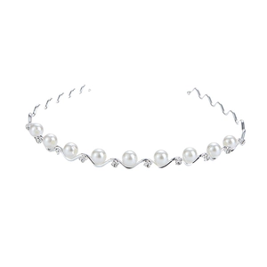 Elegant wavy silver metal headband with white pearls and sparkling rhinestone accents