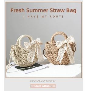 Detail of woven straw bags with lace bows and circular handles for beach vacations