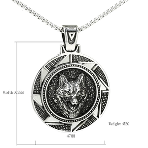 Polished stainless steel Celtic wolf head pendant necklace with measurement details