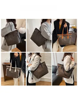 Detail view showing large checkered tote bag capacity with adjustable side drawstrings