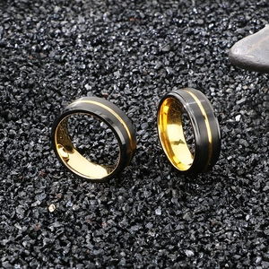 Macro shot of two-tone tungsten ring with black brushed finish and gold inner band