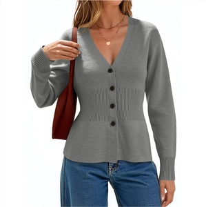 Elegant grey long sleeve knit cardigan with V-neck, waist slimming ribbing, and buttons