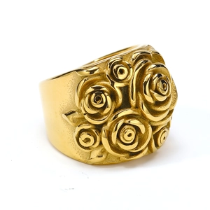 Retro style gold stainless steel ring featuring detailed rose floral relief carvings