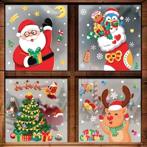 Christmas window static stickers set with Santa, Reindeer, and Tree on glass surface