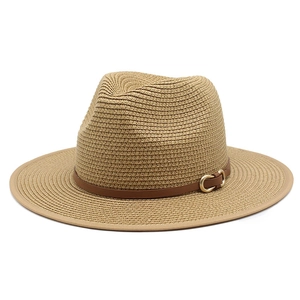 Straw Panama hat in khaki with brown leather band and gold buckle for sun protection