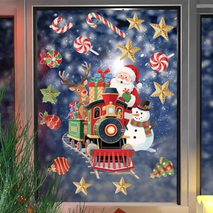 Christmas snowman and reindeer window static stickers with a festive steam train design