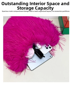 Spacious interior of bright pink plush faux fur bag showing tablet and accessories