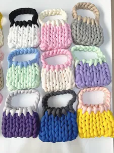 Grid view showcasing nine colorful DIY chunky knit handmade tote bags in various color combinations
