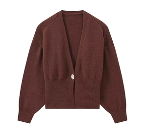 Macro detail of V-neck knit cardigan featuring a textured coffee brown weave and silver button