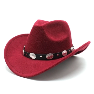 Detailed view of wine red wool felt cowboy hat with silver studs on black leather band