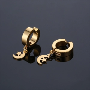 Golden punk style stainless steel hoop earrings with moon and star pendants and reflection
