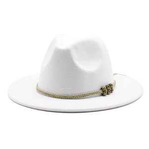 Detail of white wool fedora hat featuring a woven rope band and vintage bronze metal beads