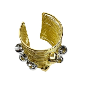 Polished wide mixed metal wire cuff bracelet with gold and silver heart charms