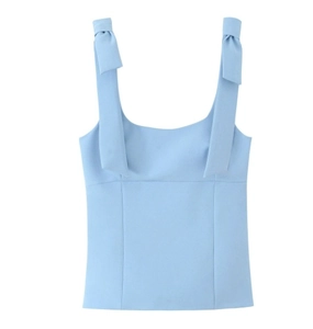 Detail of light blue camisole with bow-tie shoulder straps and square neckline