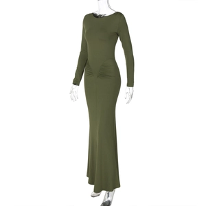 Detail view of dark green bodycon maxi dress with side ruching and fishtail hemline