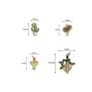 Gold plated cactus and palm tree pendants with micro-inlaid stones and size measurements