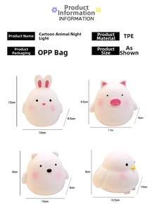 Detail showcasing dimensions of cute cartoon animal night lights made of vinyl material