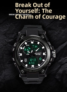 Close-up of dual-display sports watch featuring 30M water resistance and alarm functions