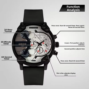 Detail of chronograph watch face showing silver dial and multiple sub-dials and functions