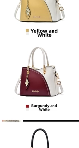 Detail view of Ganbaaly handbags in yellow and burgundy patchwork leather with logos