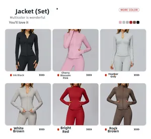 Close-up of ribbed yoga set featuring thumbhole jackets and high-waist gym leggings