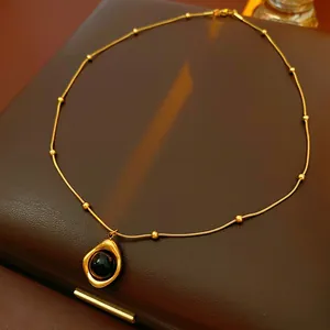 Tiger Eye Stone Pendant Necklace Titanium Steel Beaded Snake Chain Irregular Water Drop Retro Minimalist Women
